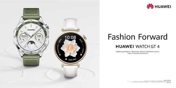 Dos modelos de Huawei Watch GT4 sobre fondo blanco
