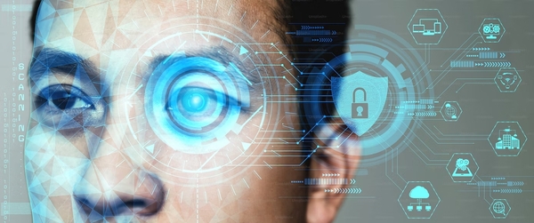 Scaner de datos biométricos sobre el rostro de un hombre